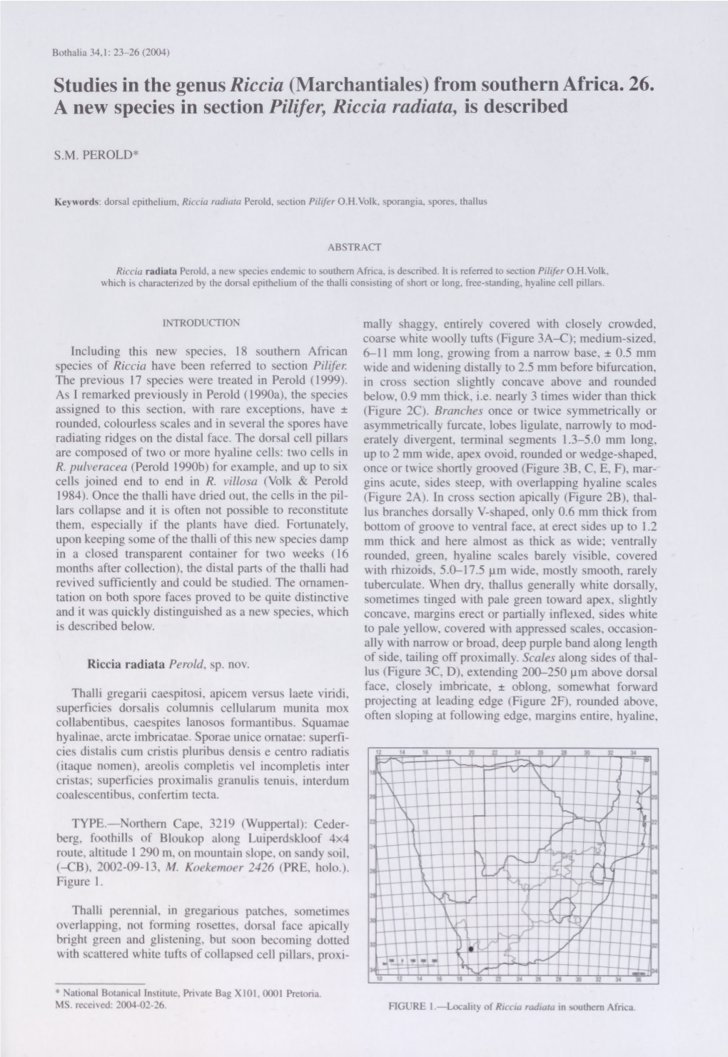 Studies in the Genus Riccia (Marchantiales) from Southern Africa