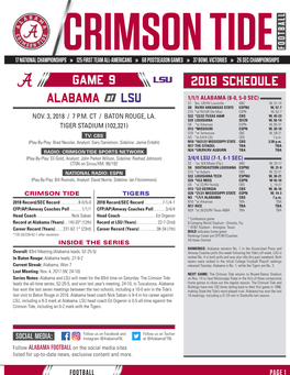 ALABAMA at LSU GAME 9 2018 SCHEDULE