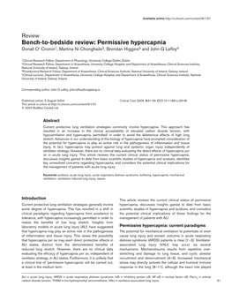 Bench-To-Bedside Review: Permissive Hypercapnia Donall O’ Croinin1, Martina Ni Chonghaile2, Brendan Higgins3 and John G Laffey4