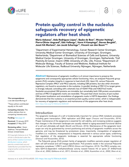 Protein Quality Control in the Nucleolus Safeguards Recovery of Epigenetic