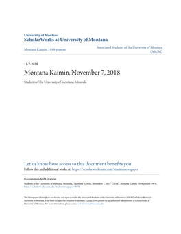 Montana Kaimin, November 7, 2018 Students of the University of Montana, Missoula