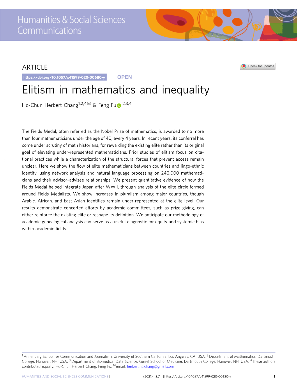 Elitism in Mathematics and Inequality ✉ Ho-Chun Herbert Chang1,2,4 & Feng Fu 2,3,4