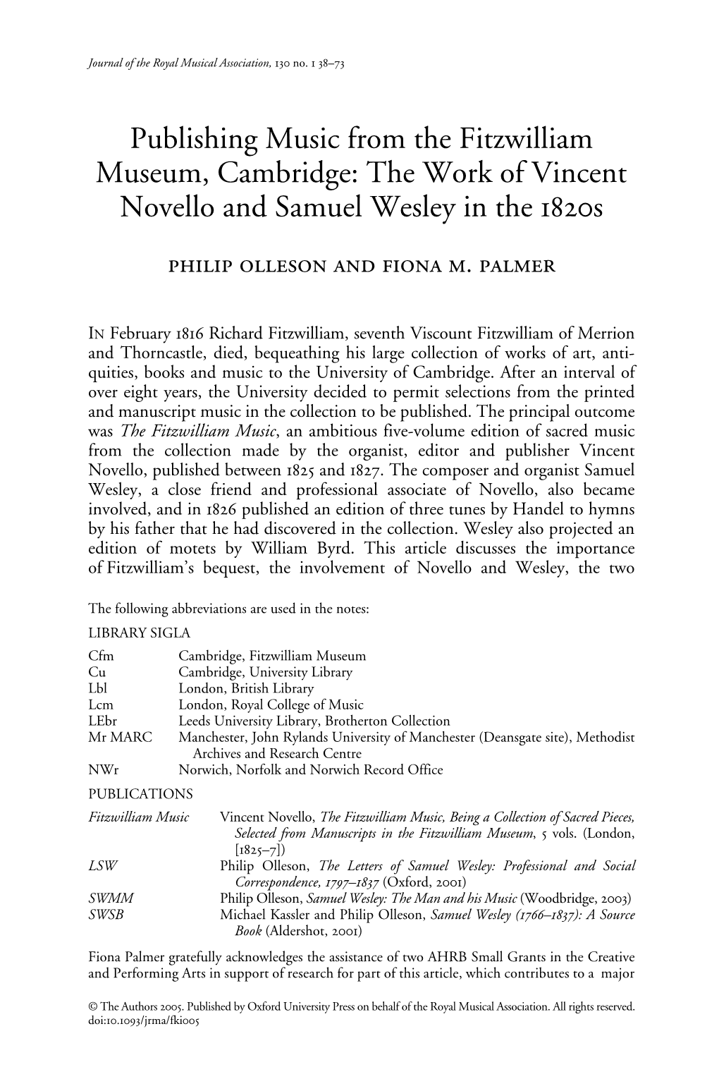 Publishing Music from the Fitzwilliam Museum, Cambridge: the Work of Vincent Novello and Samuel Wesley in the 1820S