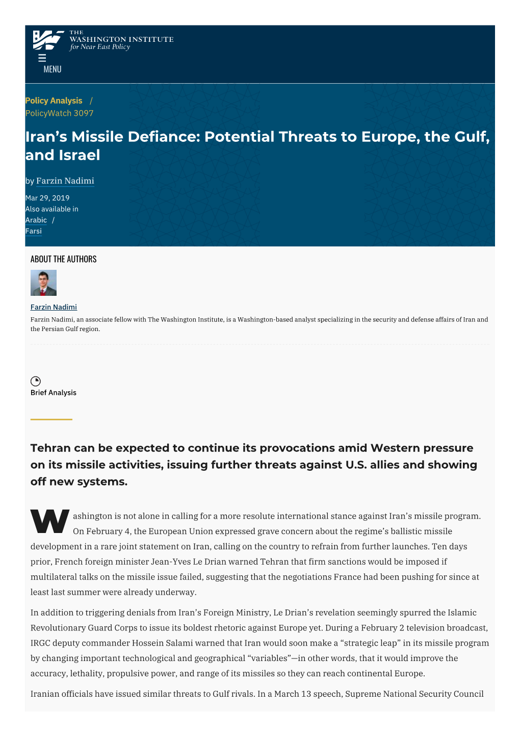 Iran's Missile Defiance: Potential Threats to Europe, the Gulf, and Israel | the Washington Institute