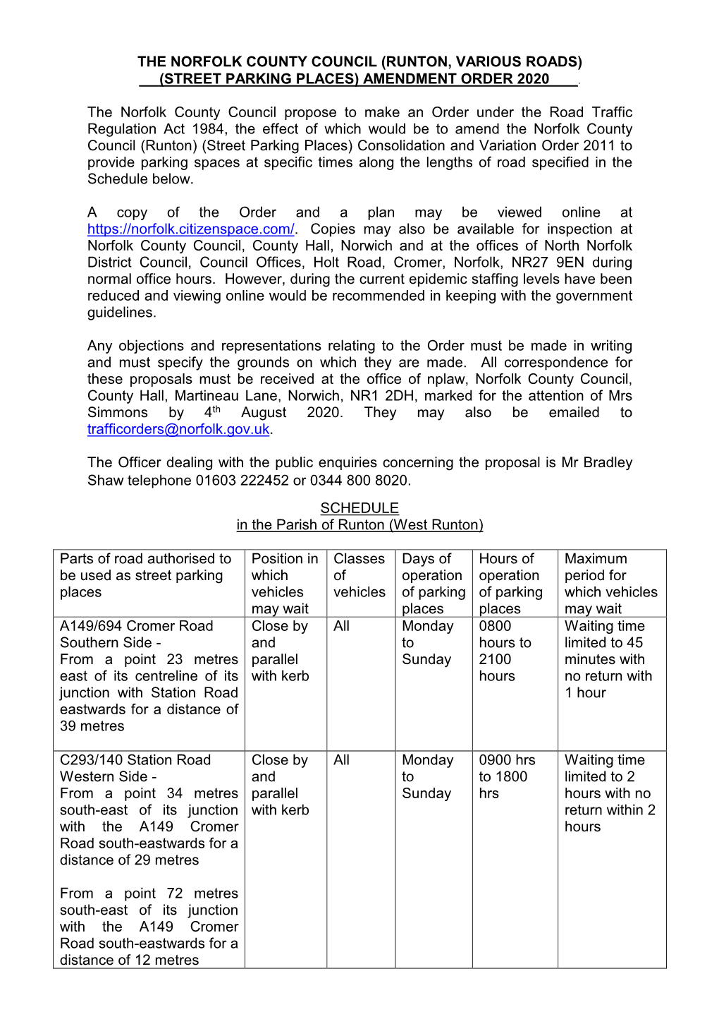 The Norfolk County Council (Runton, Various Roads) (Street Parking Places) Amendment Order 2020