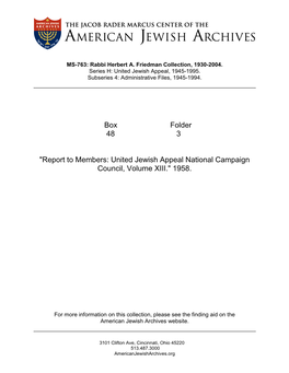 "Report to Members: United Jewish Appeal National Campaign Council, Volume XIII." 1958