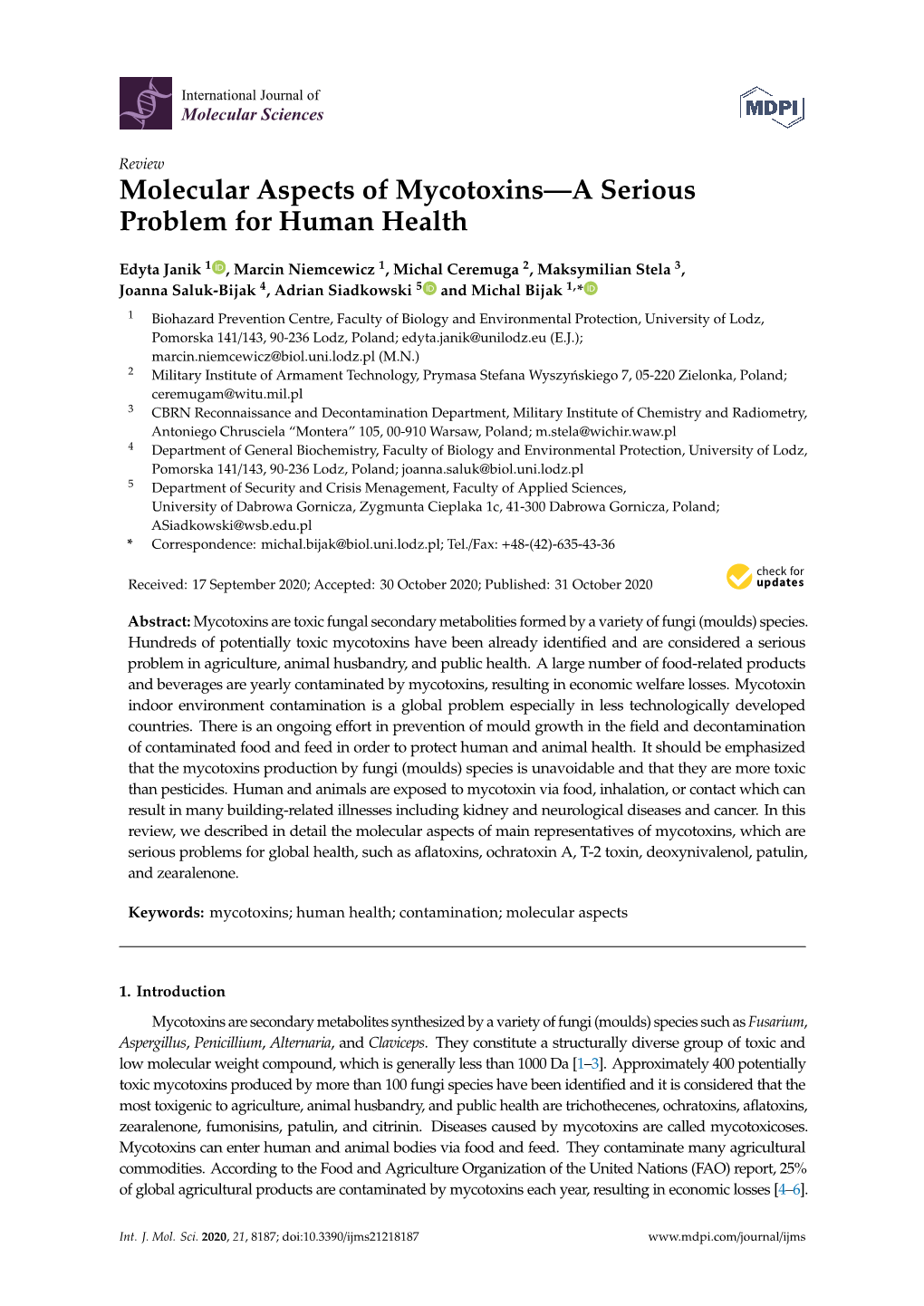 Molecular Aspects of Mycotoxins—A Serious Problem for Human Health