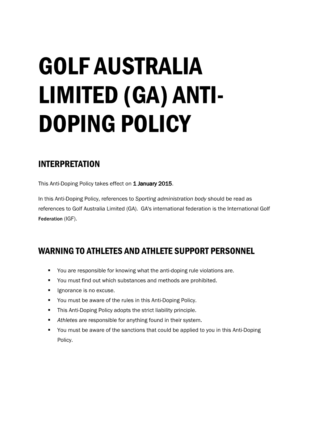 Golf Australia Limited (Ga) Anti- Doping Policy