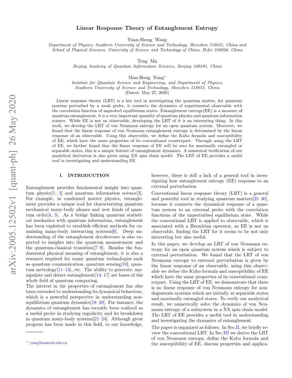 Linear Response Theory of Entanglement Entropy