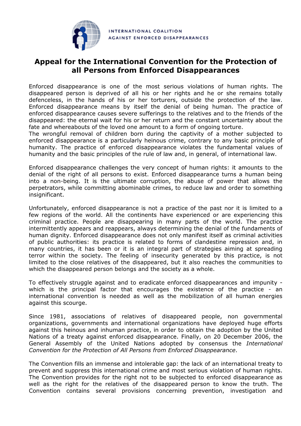 Appeal for the International Convention for the Protection of All Persons from Enforced Disappearances