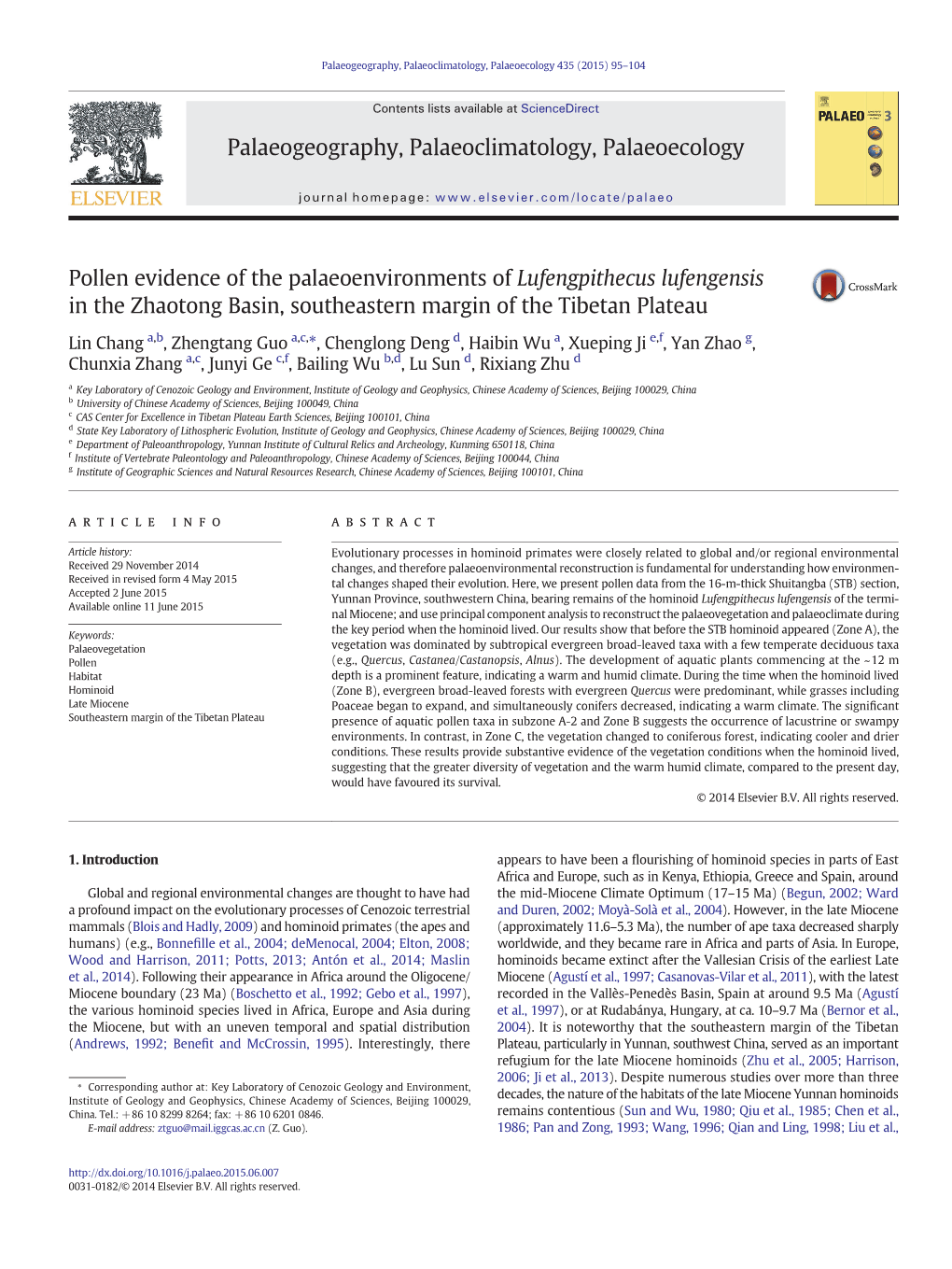 Pollen Evidence of the Palaeoenvironments of Lufengpithecus Lufengensis in the Zhaotong Basin, Southeastern Margin of the Tibetan Plateau