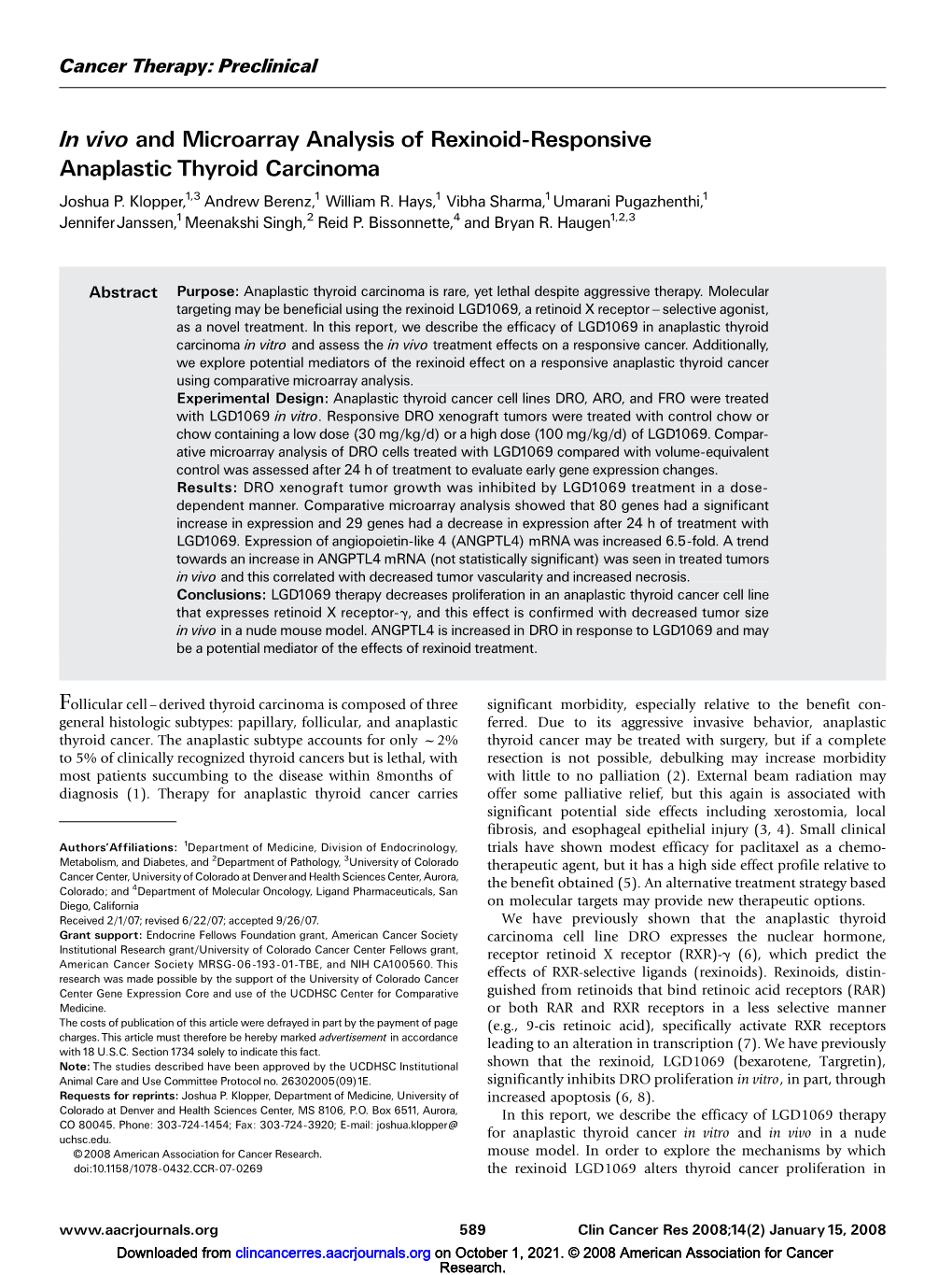 In Vivo and Microarray Analysis of Rexinoid-Responsive Anaplastic Thyroid Carcinoma Joshua P
