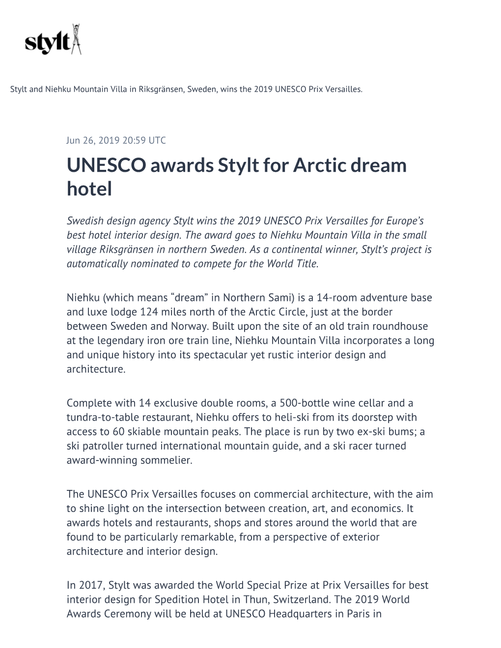 UNESCO Awards Stylt for Arctic Dream Hotel