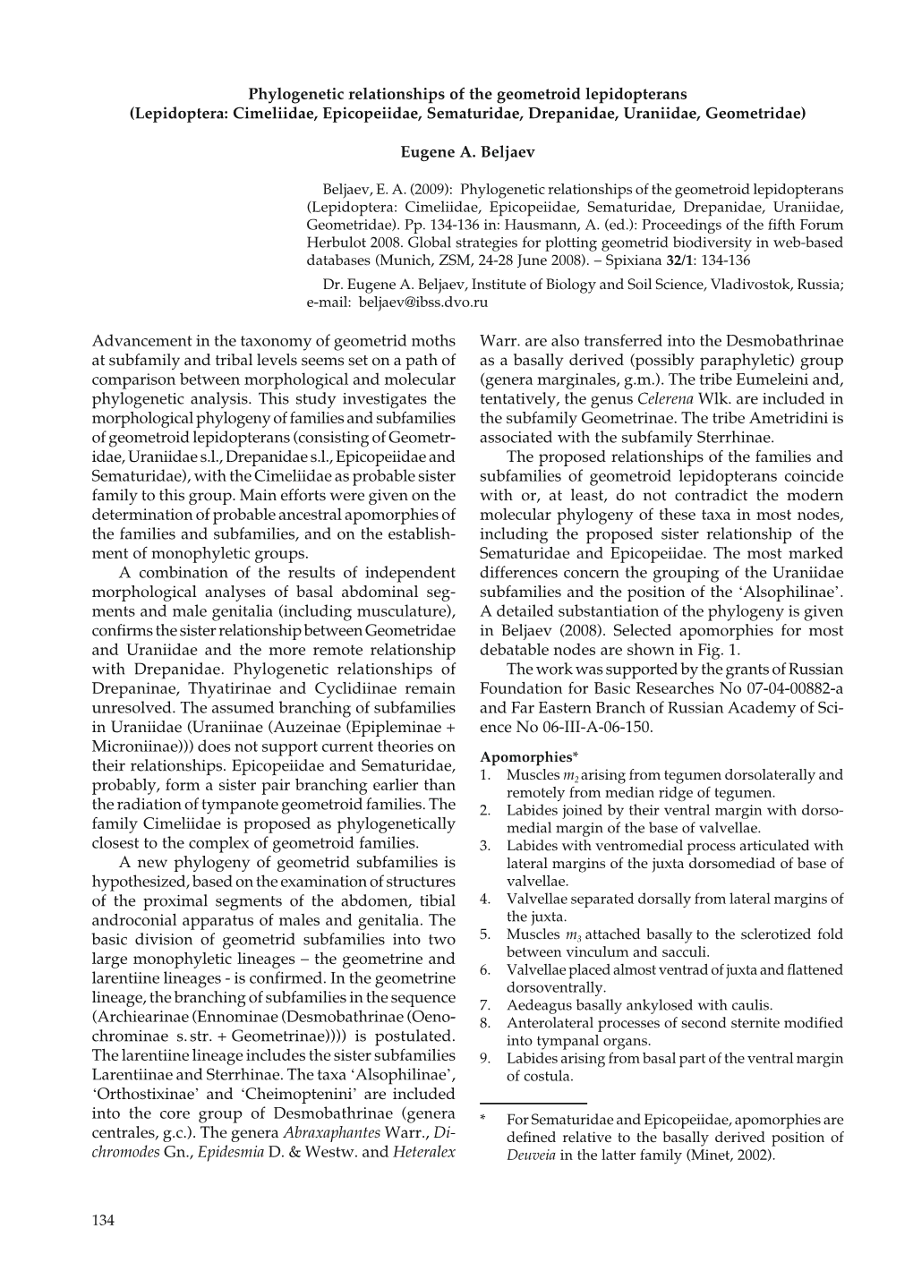 134 Advancement in the Taxonomy of Geometrid Moths