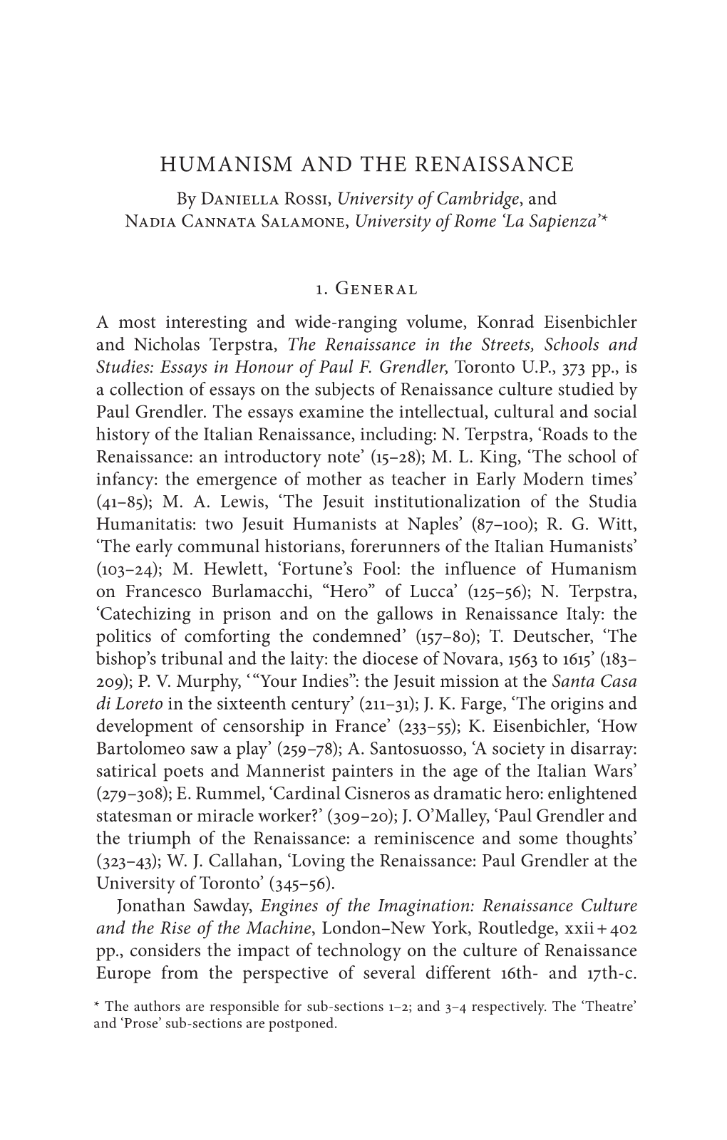 Humanism and the Renaissance by Daniella Rossi, University of Cambridge, and Nadia Cannata Salamone, University of Rome ‘La Sapienza’*