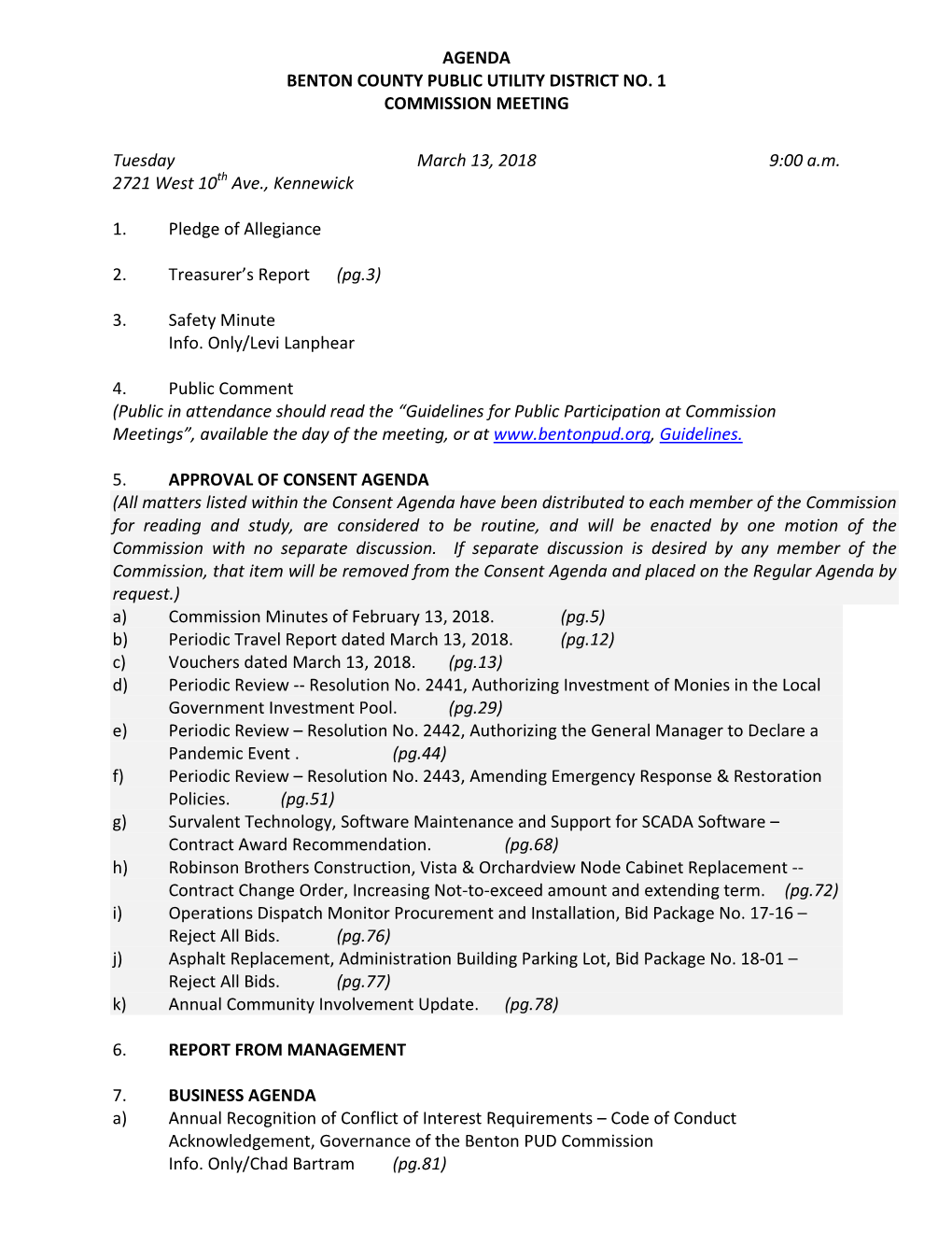 Agenda Benton County Public Utility District No. 1 Commission Meeting