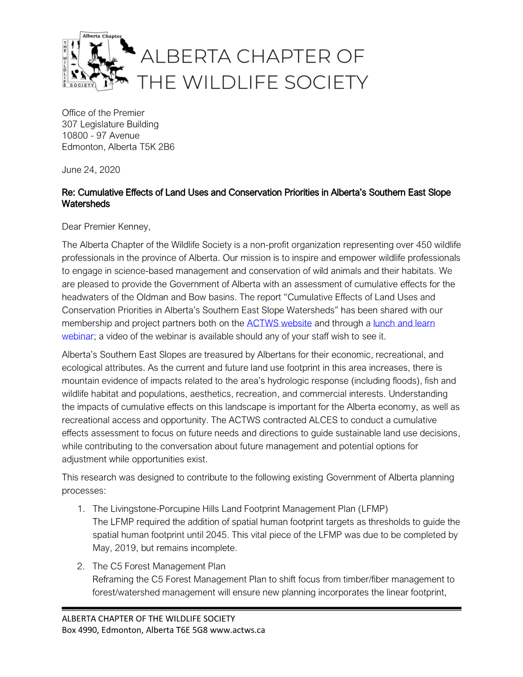 ALBERTA CHAPTER of the WILDLIFE SOCIETY Box 4990, Edmonton, Alberta T6E 5G8