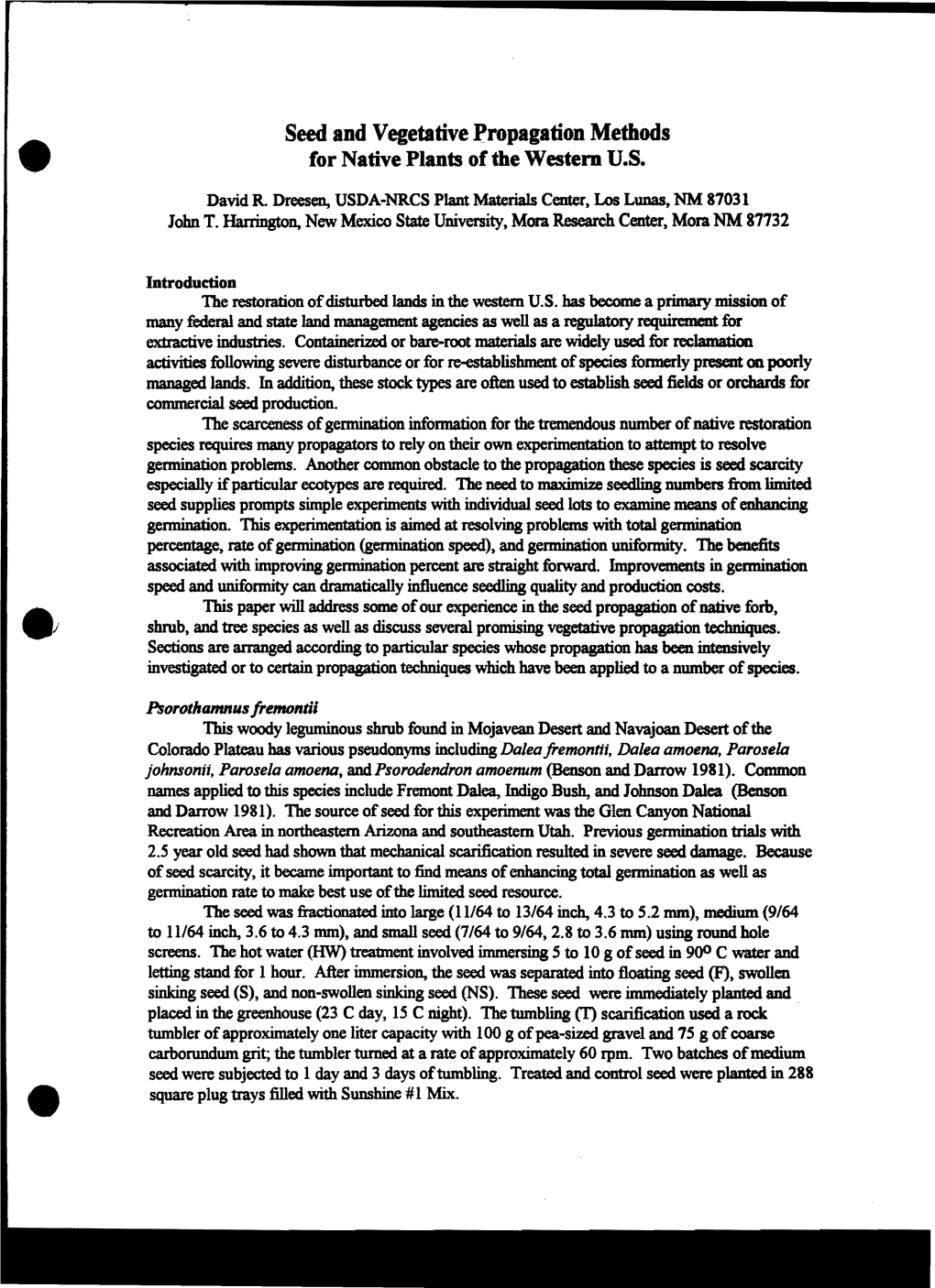 Seed and Vegetative Propagation Methods for Native Plants of the Westem U.S