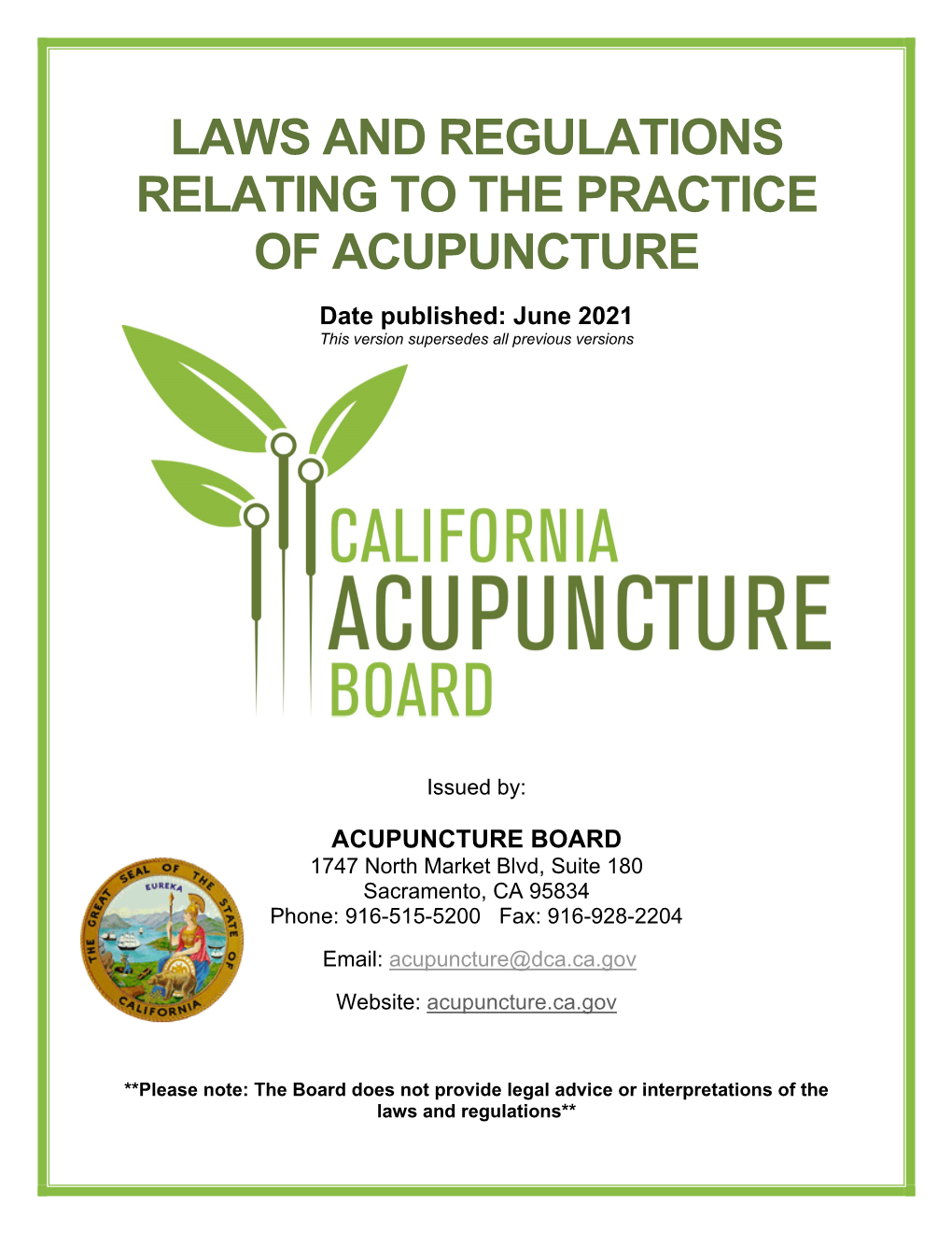 Laws and Regulations Relating to the Practice of Acupuncture