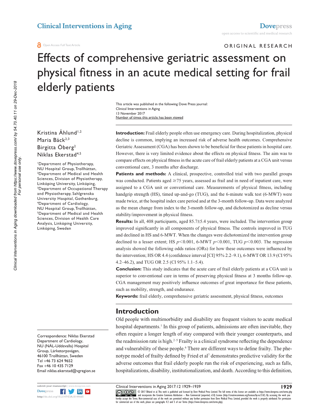 Effects of Comprehensive Geriatric Assessment on Physical Fitness in an Acute Medical Setting for Frail Elderly Patients