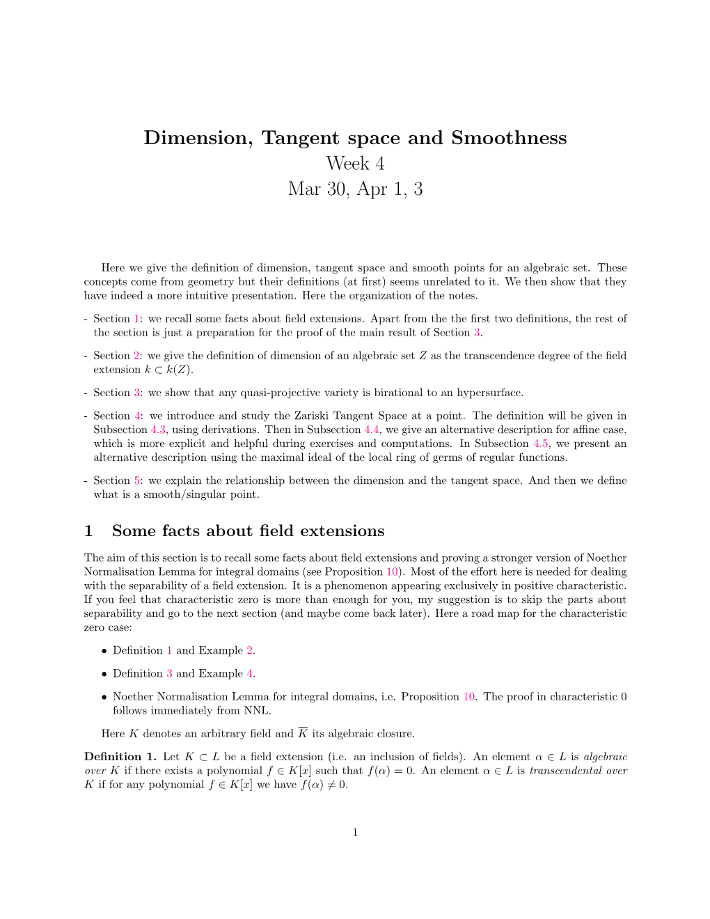 Dimension, Tangent Space and Smoothness Week 4 Mar 30, Apr 1, 3