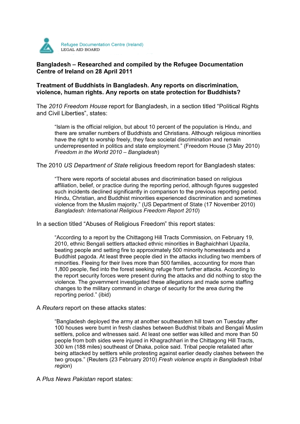 Bangladesh – Researched and Compiled by the Refugee Documentation Centre of Ireland on 28 April 2011