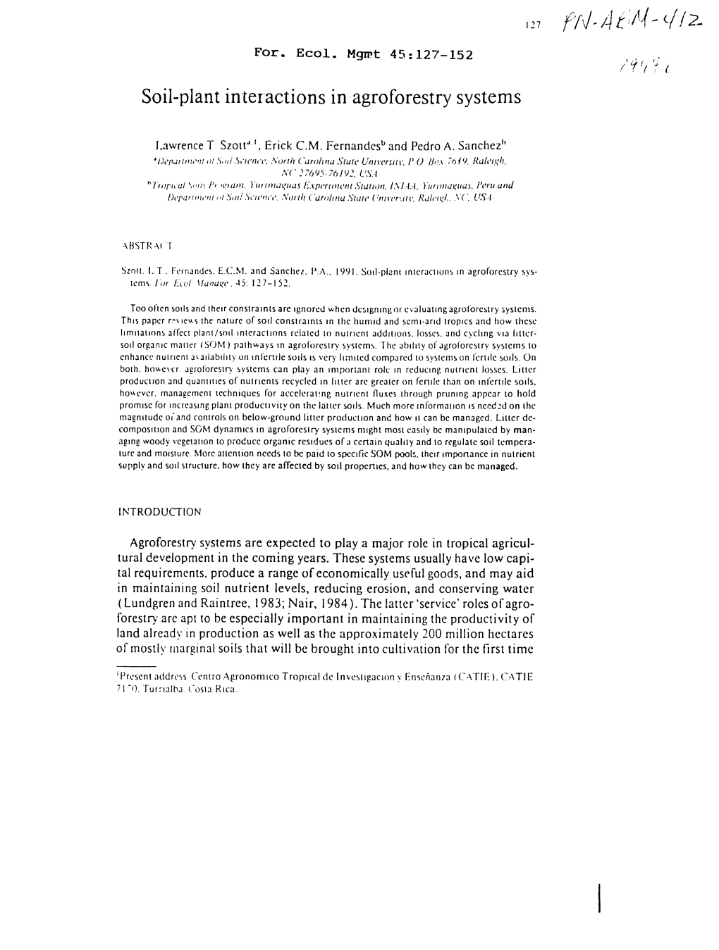 Soil-Plant Interactions in Agroforestry Systems