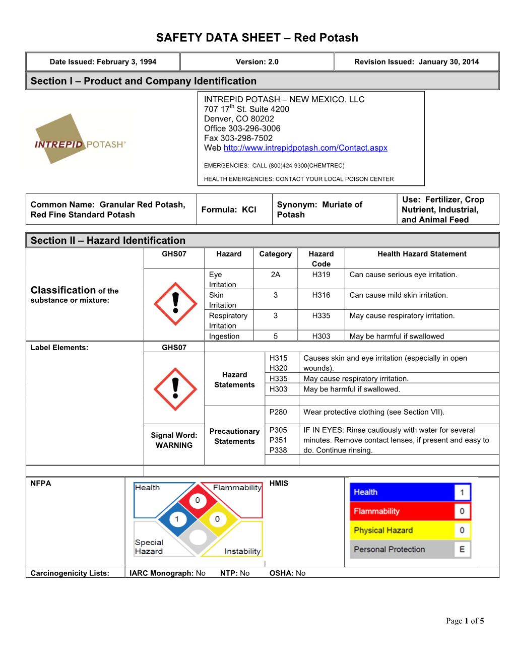 SAFETY DATA SHEET – Red Potash