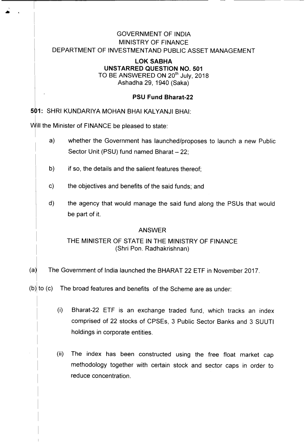 Government of India Ministry of Finance Department of Investmentand Public Asset Management Lok Sabha Unstarred Question No
