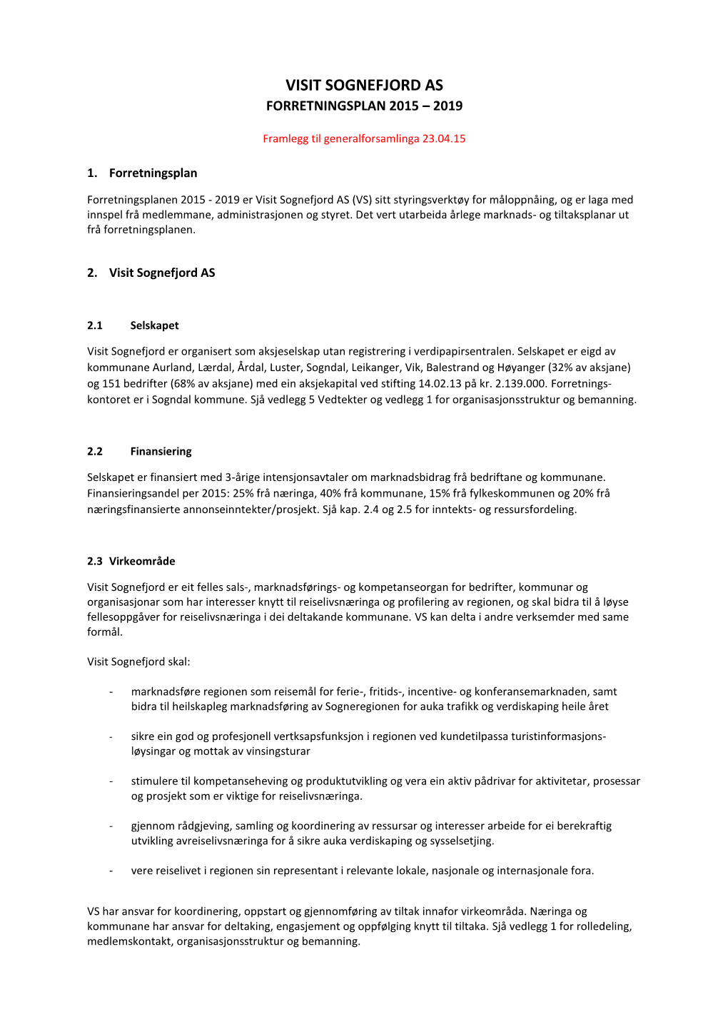 Visit Sognefjord As Forretningsplan 2015 – 2019
