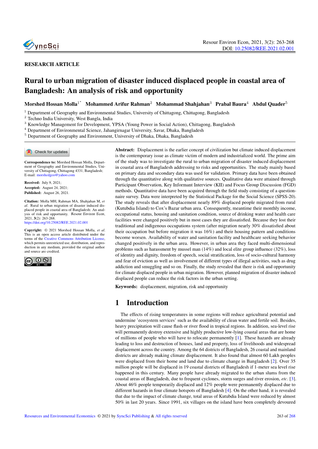 Rural to Urban Migration of Disaster Induced Displaced People in Coastal Area of Bangladesh: an Analysis of Risk and Opportunity