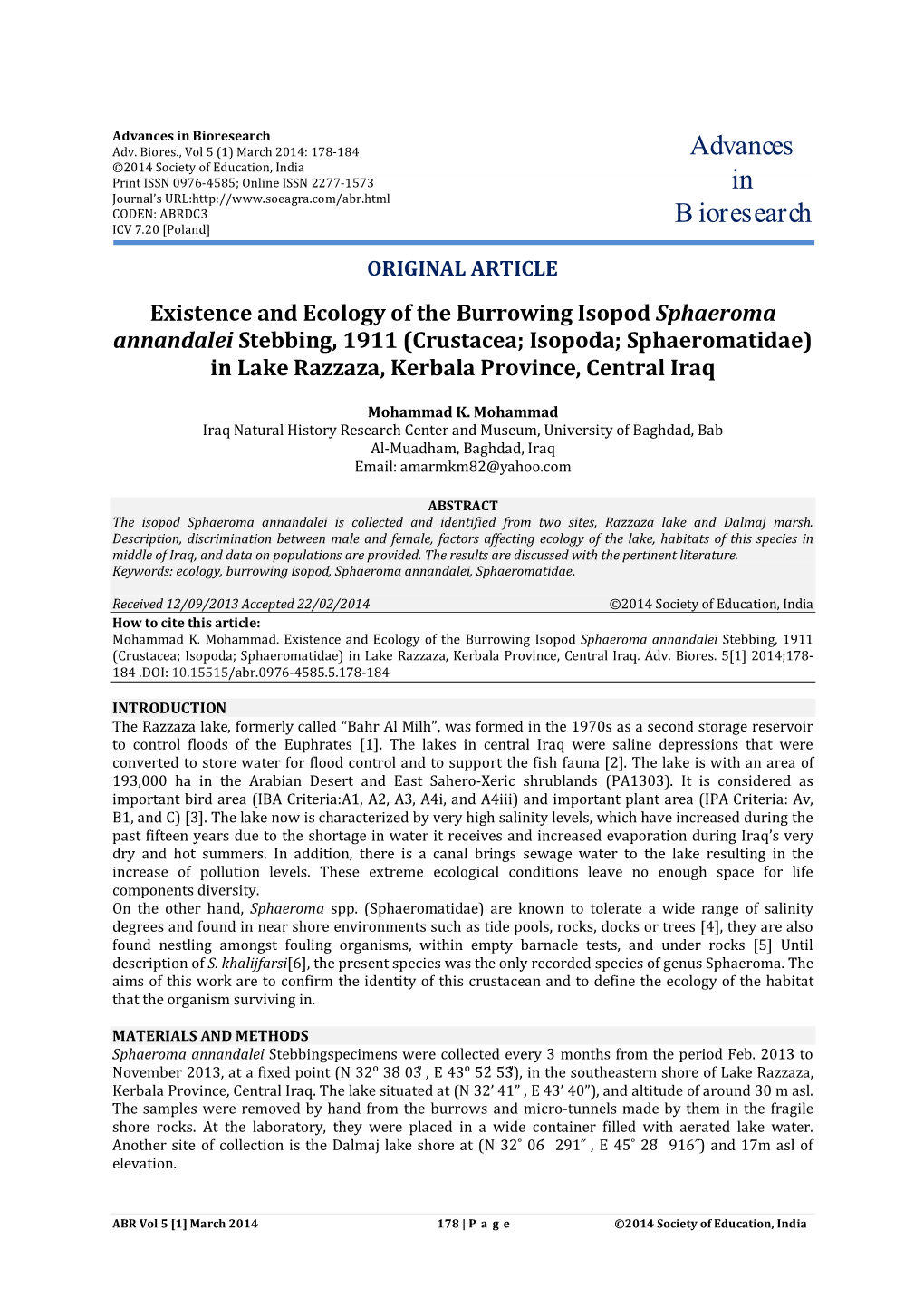 Crustacea; Isopoda; Sphaeromatidae) in Lake Razzaza, Kerbala Province, Central Iraq