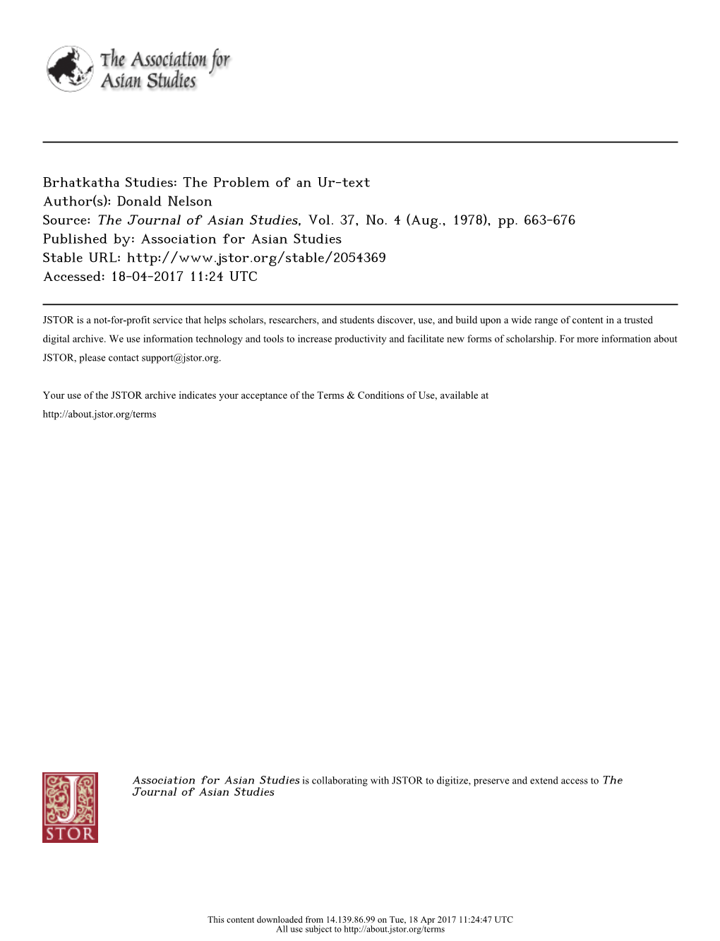 Brhatkatha Studies: the Problem of an Ur-Text Author(S): Donald Nelson Source: the Journal of Asian Studies, Vol
