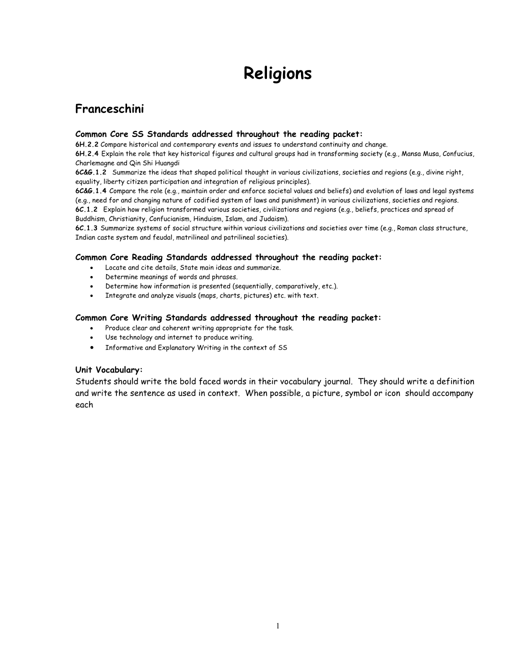 Common Core SS Standards Addressed Throughout the Reading Packet