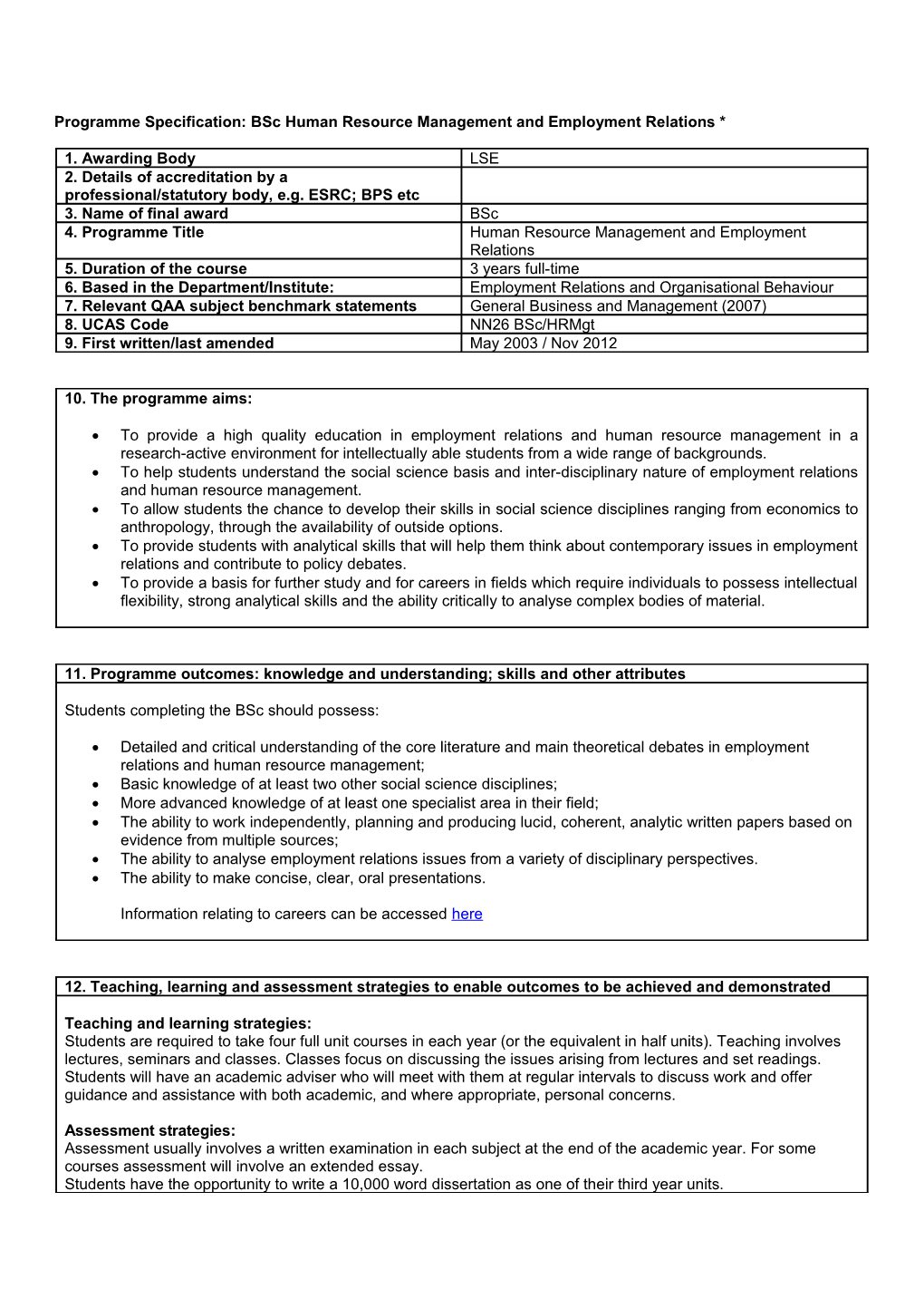 Programme Specification: Bsc Human Resource Management and Employment Relations *