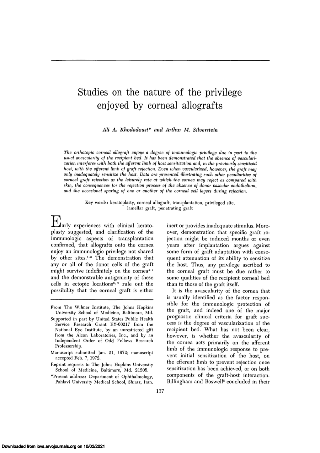 Studies on the Nature of the Privilege Enjoyed by Corneal Allografts