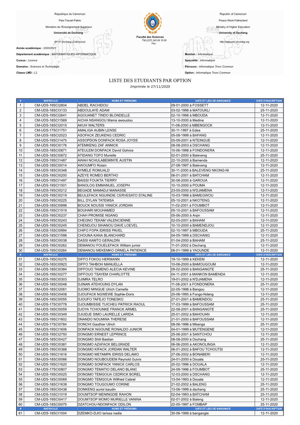 LISTE DES ETUDIANTS PAR OPTION Imprimée Le 27/11/2020