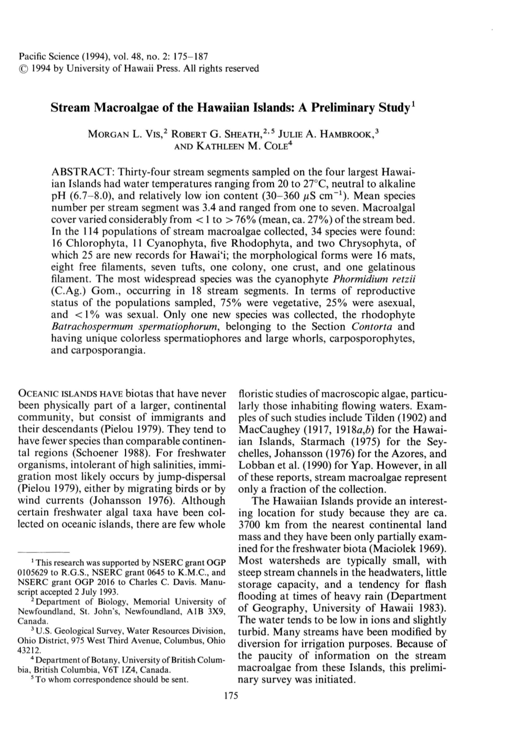 Stream Macroalgae of the Hawaiian Islands: a Preliminary Study!