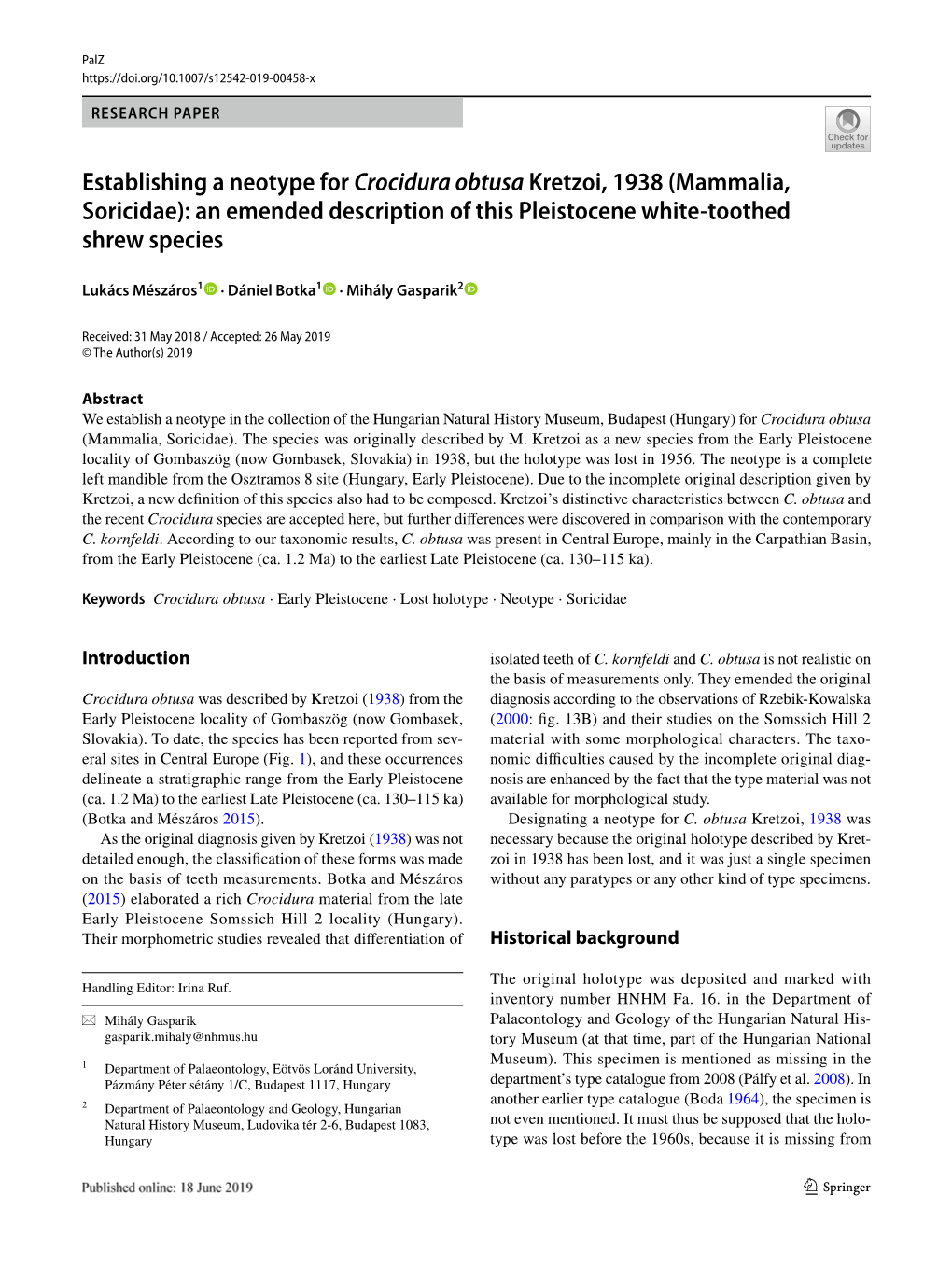 Establishing a Neotype for Crocidura Obtusa Kretzoi, 1938 (Mammalia, Soricidae): an Emended Description of This Pleistocene White‑Toothed Shrew Species