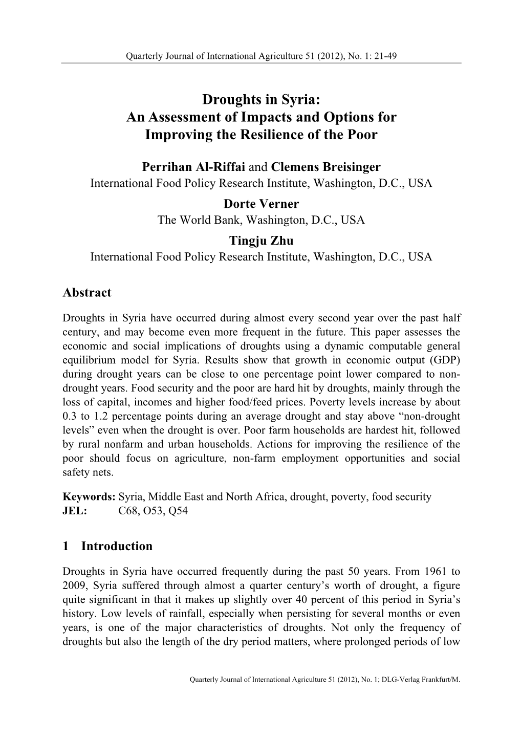 Droughts in Syria: an Assessment of Impacts and Options for Improving the Resilience of the Poor