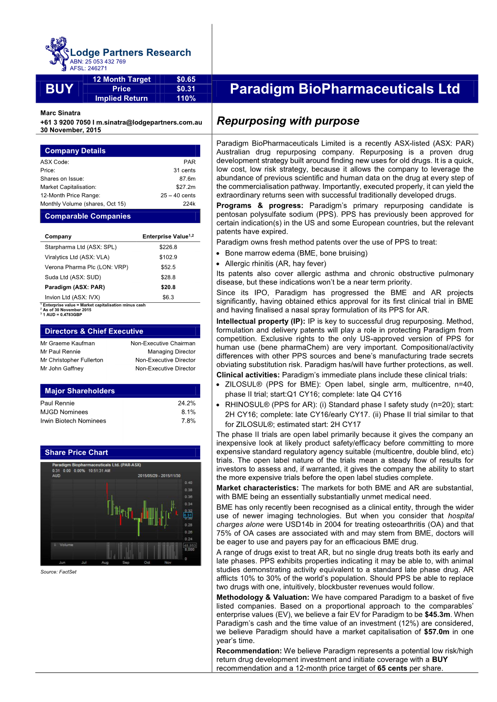 Paradigm Biopharmaceuticals Ltd Implied Return 110% Marc Sinatra +61 3 9200 7050 I M.Sinatra@Lodgepartners.Com.Au Repurposing with Purpose 30 November, 2015