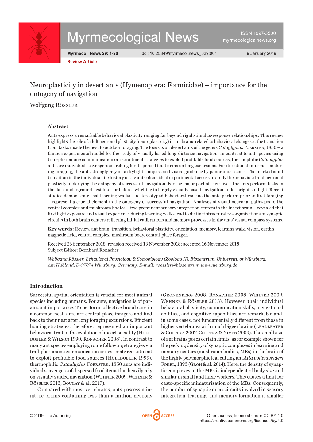 Neuroplasticity in Desert Ants (Hymenoptera: Formicidae)