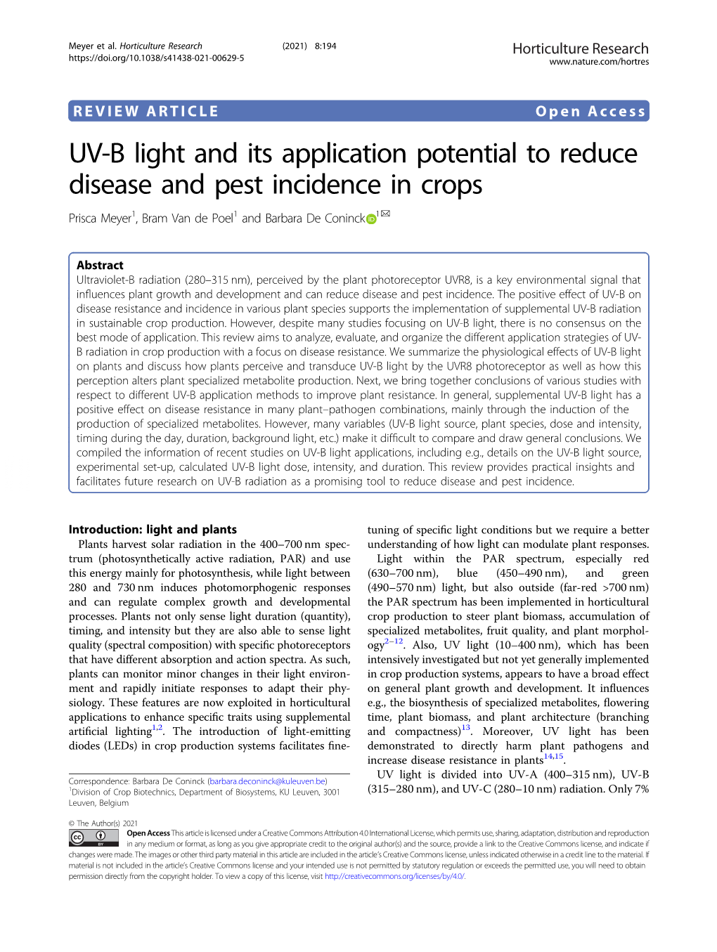 UV-B Light and Its Application Potential to Reduce Disease and Pest Incidence in Crops ✉ Prisca Meyer1, Bram Van De Poel1 and Barbara De Coninck 1