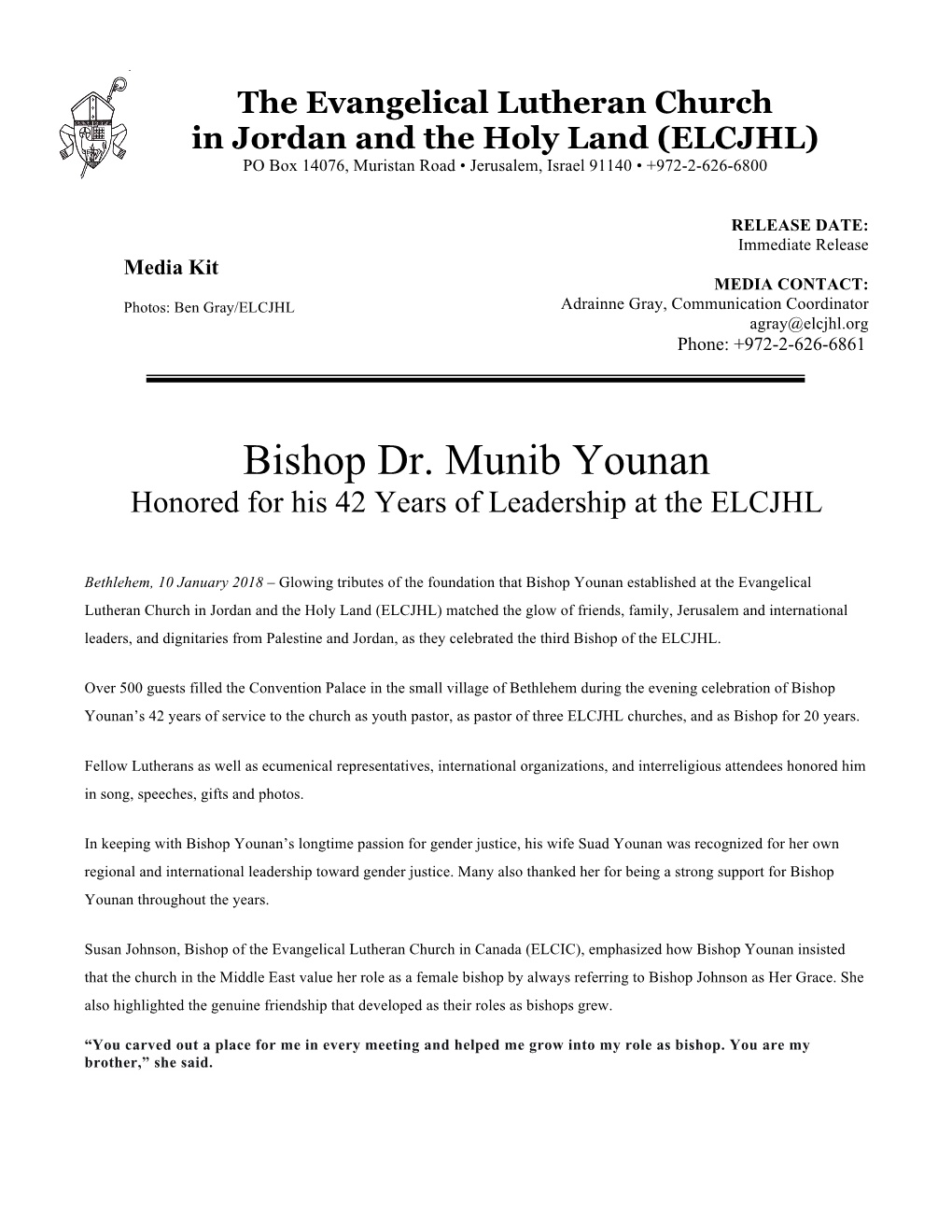 Bishop Dr. Munib Younan Honored for His 42 Years of Leadership at the ELCJHL