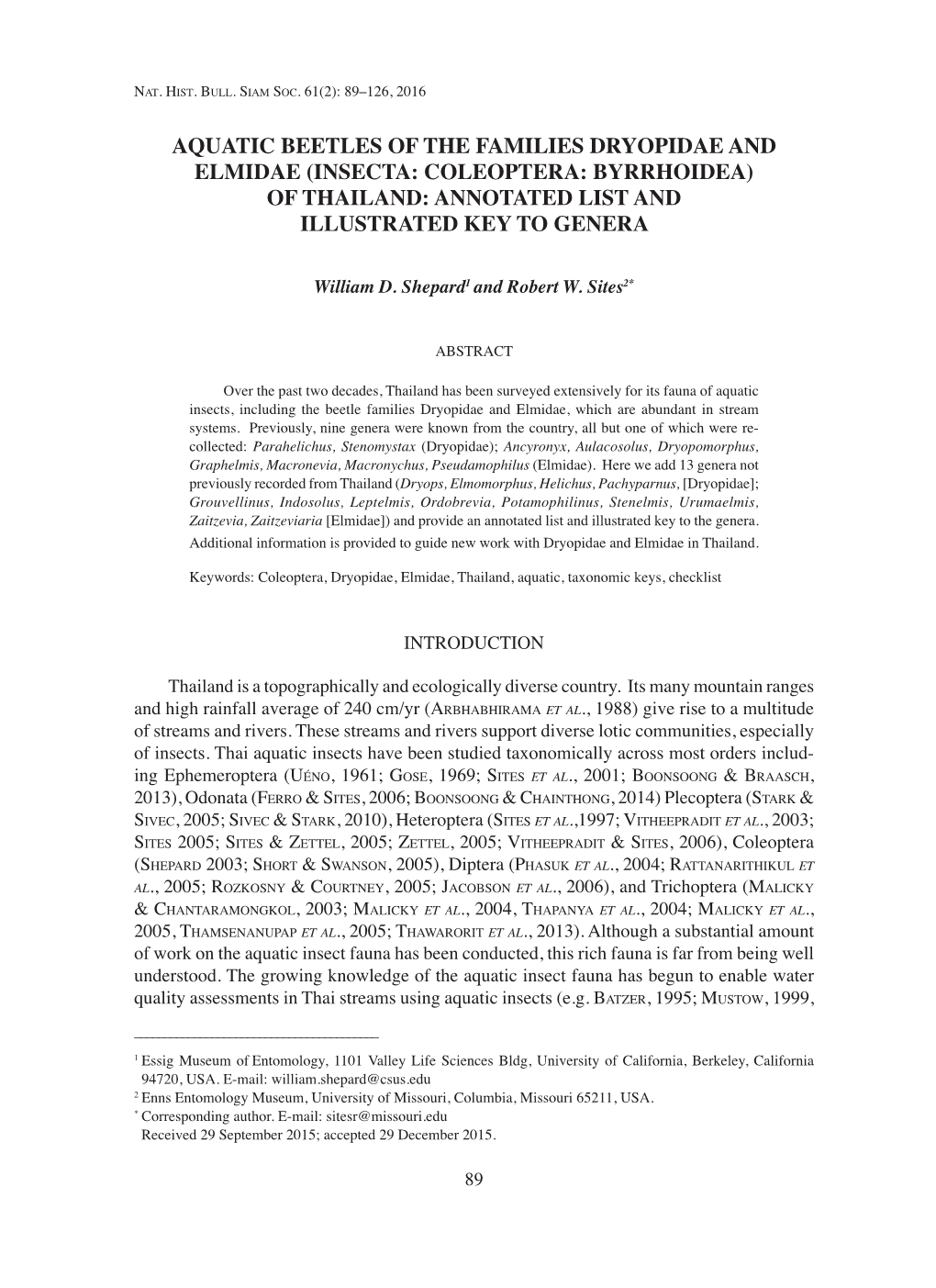 Aquatic Beetles of the Families Dryopidae and Elmidae (Insecta: Coleoptera: Byrrhoidea) of Thailand: Annotated List and Illustrated Key to Genera