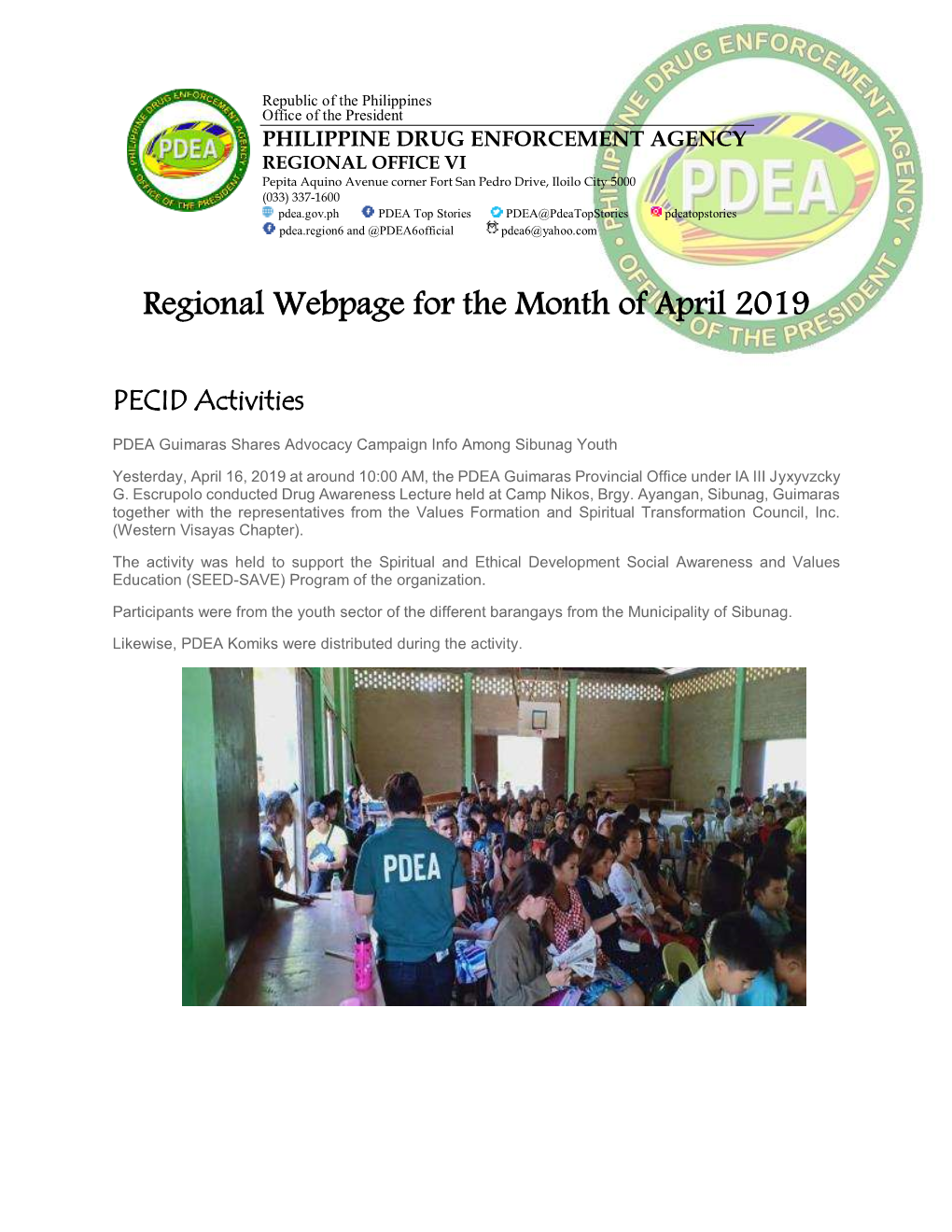 Regional Webpage for the Month of April 2019