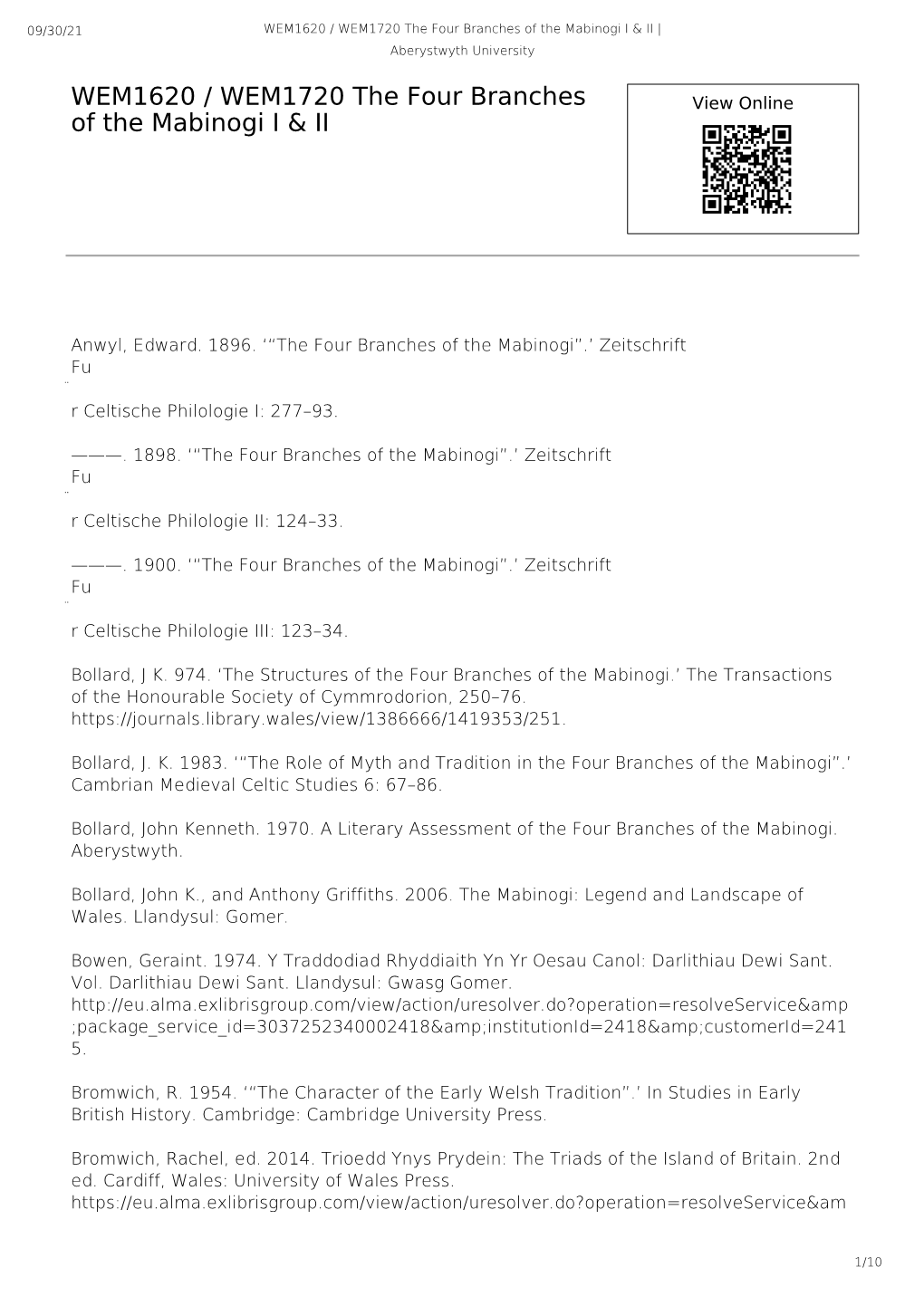 WEM1620 / WEM1720 the Four Branches of the Mabinogi I & II | Aberystwyth University