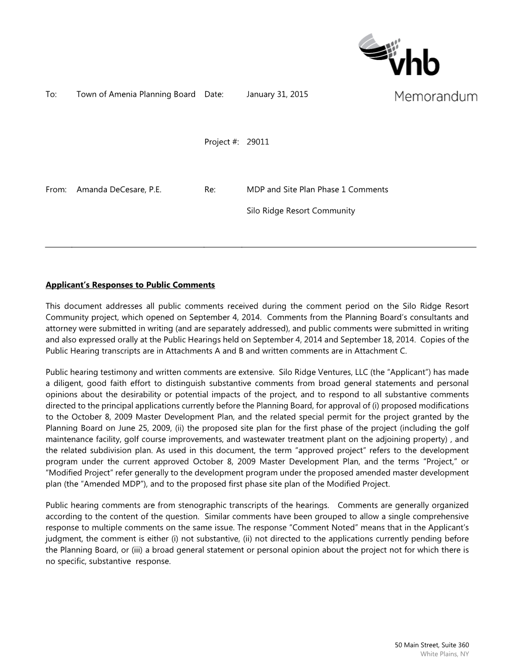 To: Town of Amenia Planning Board Date: January 31, 2015 Project