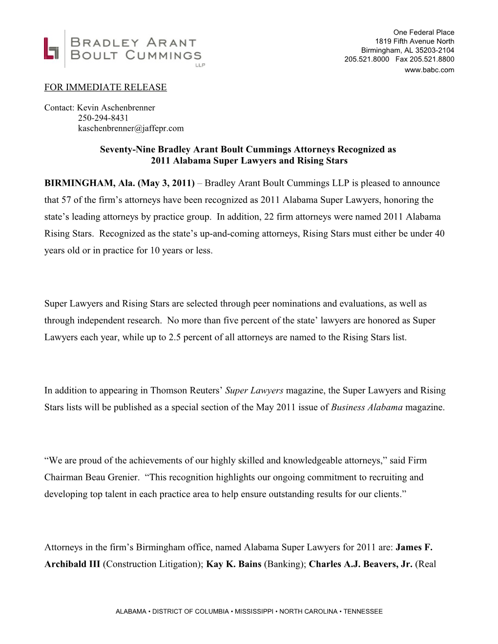 Firm-Wide Alabama Super Lawyers and Rising Stars 2011 Press Release