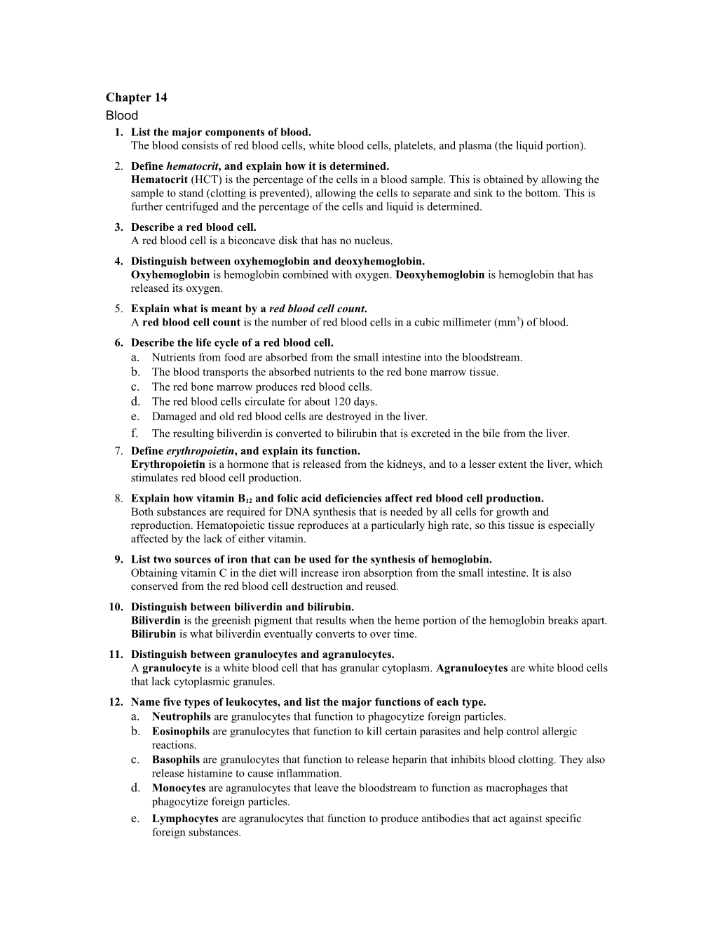 1. List the Major Components of Blood